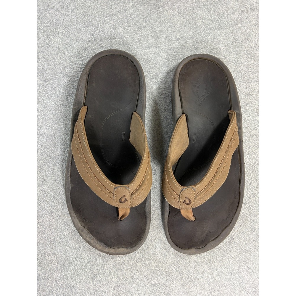 OluKai Nui Leather Flip Flop Sandals Brown Comfort Beach (Men's Size 12)